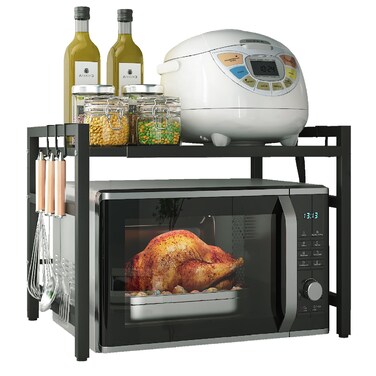 Mellingcasa Microwave Oven Rack, Expandable Microwave Stand Countertop 2 Tier Kitchen Utensils Tableware Storage, Carbon Steel Over Microwave Shelf Countertop with 6 Hooks(White)