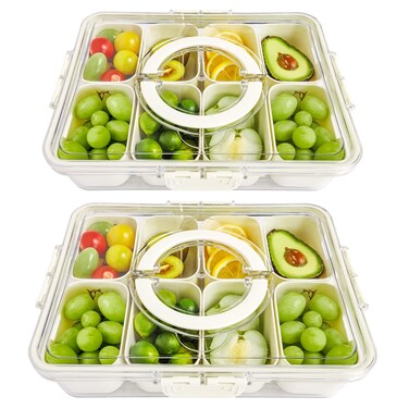 Divided Serving Tray with Lid and Handle, Portable Snackle Box Charcuterie Container, 8 Compartment Snack Divider Container for Candy, Fruits, Nuts, Perfect for Party, Picnic, Entertaining - 2 Pack