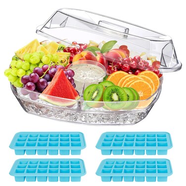 Chilled Serving Tray, Appetizer Serving Tray on Ice, Chilled Party Platter with 4 Ice Cube Tray, Chilled Veggie Tray, Ice Serving Tray for Party, Shrimp Cocktail Serving Dish