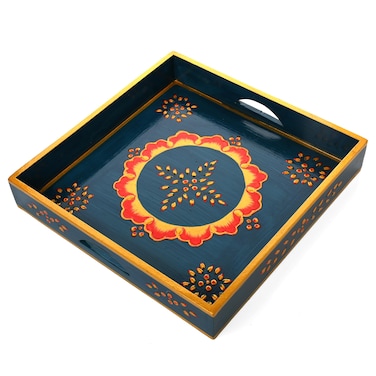 Wooden Decorated Tray Handmade Handcrafted Rectangular Decorative Tray Platters for Table Decor Kitchen Home and Gifting (Blue 9"X9")