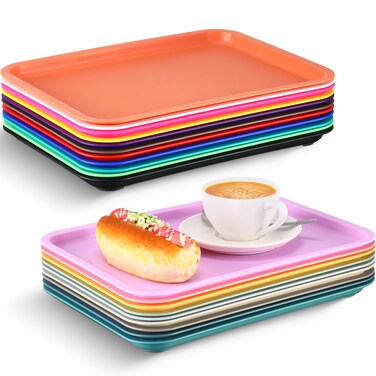 Sintuff 20 Pcs Plastic Fast Food Trays Bulk Colorful Cafeteria Trays Restaurant Serving Trays Grill Tray Rectangular Lunch Trays for Party Kitchen Coffee, 20 Colors(12 x 9 Inch)