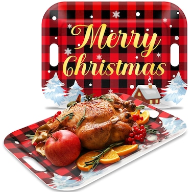 gisgfim 2PCS Christmas Serving Tray with Handles 16 X 11 Inch Large Melamine Platters Serving Dishes Rectangular Buffalo Plaid Xmas Tree Winter Holiday Food Trays for Snack Cookie Candy Dessert Plates