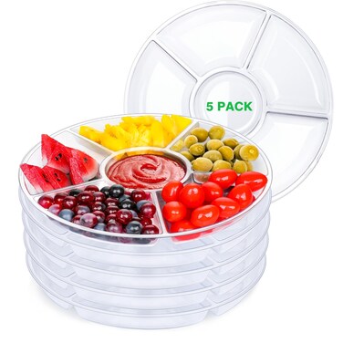 5 Pcs Serving Platters and Trays Clear 6 Sectional Round Veggie Tray Reusable Plastic Divided Appetizer Tray Fruit Platter Vegetable Snack Tray Food Storage Containers for Party Picnic Buffet(Clear)