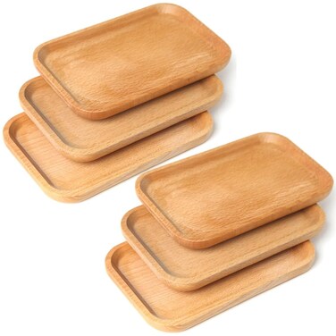 Linwnil 6 Pack 8 x 5 Inches Serving Platter Tray, Tray Cheese Plate Rectangular Platter for Fruit, Appetizer, Bread,Rectangular Avoid Sliding and Spilling Food (Wood Trays x 6Pack)