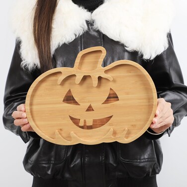 BAMOTTO Bamboo Serving Platter Tray Cartoon Pumpkin Shaped Children's Cute Dining Plate Snack Plate, Novel Shape Charcuterie Board, Cookie, Salad Plate for Christmas Thanksgiving, 12.4"x9.2