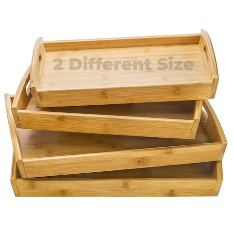 Peohud 4 Pack Bamboo Serving Trays with Handles, Rectangular Kitchen Food Tray for Eating, Dinner Trays for Eating on Couch, Wood Serving Platter for Breakfast, Tea, Bar, Restaurant, Party or Bed