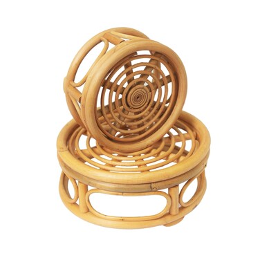 KUTORKILL Set of 2 Boho Rattan Woven Round Decorative Risers Plant Stands Indoor, Mid Century Minimalist Modern Plant Stand, Wicker Short Plant Stand Holder Suitable Fits 8'' and 12'' Pots