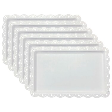Set of 6 Plastic Serving Trays Food Tray - 14" x 9" Rectangle Serving Platter for Party Cafeteria Kitchen Restaurant, Small Flat Trays for Dessert Fruit Cookie Snack (6, White)