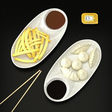 Castleite Lille Serving Platter Set of 2 Melamine Tray Plates with Sauce Dip for Serving Snacks or Fancy Buffet at Home or a Cafe (Marble White)