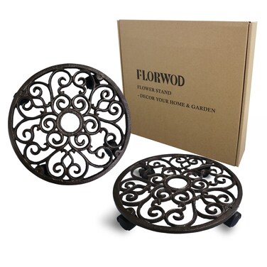 FLORWOD 2pcs Heavy Duty Cast Iron Flowerpot Holder Plant Caddy 11 inch, Flower Stand Round Planter Holder with 4pcs 360&Acirc;&deg; Caster Wheels - Rustic Dark Brown