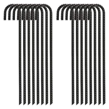 FEED GARDEN 16 Inch 16 Pack Rebar Stakes Heavy Duty J Hook, Galvanized Steel Ground Stakes Tent Stakes Ground Anchors, Chain Link Fence Stakes, Trampoline Stakes, Black