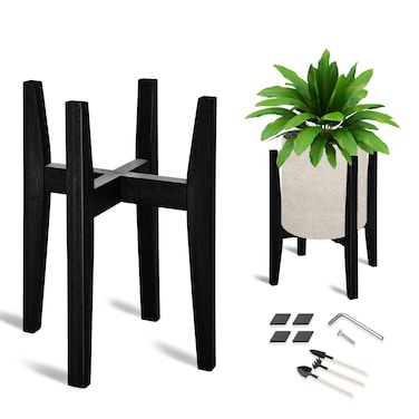 OERGKE Adjustable Plant Stand Indoor, Bamboo Mid Century Modern Plants Stands, Corner Flower Holder for Living Room, Fits 8 to 12 Inches Pots, (Pot &amp; Plant Not Included)(Black, 1 Pack)