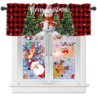 Christmas Valance for Windows Snowman with Xmas Tree Window Toppers Valances Rod Pocket 1 Panel Red Buffalo Plaid Check Window Treatments for Kitchen Bathroom Bedroom 54 x 18 inch