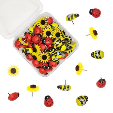 50 Pcs Animal Push Pins, DANUDON Bee Pushpins Sunflower Thumbtacks Decorative Bumble Bee Shaped Floret Thumb Tacks Decorations for Photo Wall Memo Cork Board Bulletin Board Map with Box
