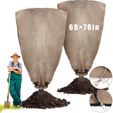 Berlune 2 Pcs Oversized Reusable Warm Burlap Winter Plant Cover Bags with Drawstring Large Burlap Plant Frost Cloth Cold Freeze Blanket Protecting Fruit Tree Potted Plants (60 x 70)
