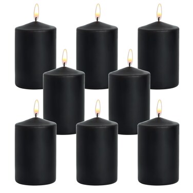 Unscented Black Pillar Candles, Small 2x3 Inch Dripless Tapered Column Halloween Solid Colored Candles for Home Party Holiday, 24 Hour Burn Time, Set of 8