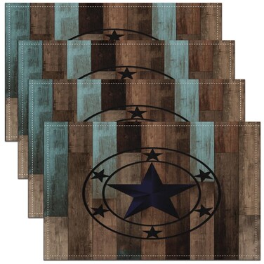 Western Texas Star Table Place Mats 18"x12" Wooden Plank Placemats Set of 4 Kitchen Dining TableTexas Star Washable Fabric Decoration Table Mats Barn Door Farmhouse Table Mats Microfiber