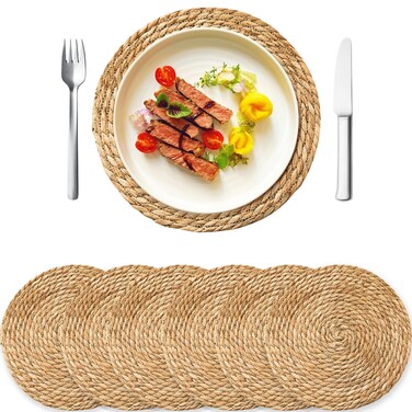 Round Woven Placemats Set of 6, 12 inch Rattan Placemats Wicker Placemats, Natural Hand-Woven Water Hyacinth Place mats Farmhouse Boho Braided Heat Resistant Placemat for Wedding Home Table Dining