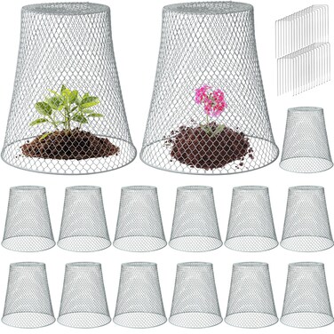 Therwen 15 Pcs Large Chicken Wire Cloche Plant Protector Cover 11x12 Inch Metal Garden Cloche Dome for Plants Wire Protection Basket with Garden Stakes Plant Cages from Animals (Silver)
