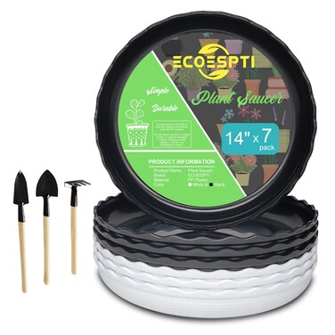 ECOESPTI Plant Saucer, 7 Pack 8 10 12 14 15 Inch Durable Plastic Plant Trays for Pots, White &amp; Black Round Plant Pot Saucers, Drip Tray for Indoor and Outdoor Garden (14", for 11 12 Inch Pot)
