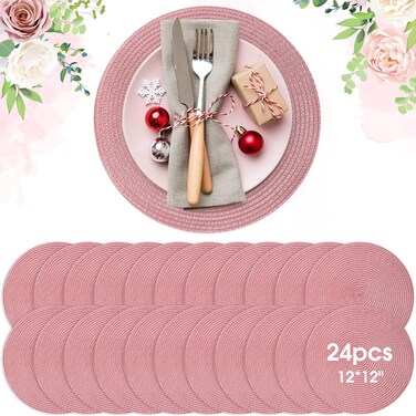 Buryeah 12 Inch Christmas Round Placemats Wedding Circle Woven Placemats Boho Decor Washable Dining Table Mats Tablescape Hosting Friends for Birthday Dinner Parties(Pink,24 Pieces)