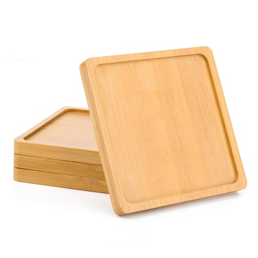 Cosmos 4 Pcs Bamboo Plant Saucer Succulent Pot Holder Drainage Tray with Raised Edge for 3.5 Inch Small Plant Flower Pots (Square Shape)