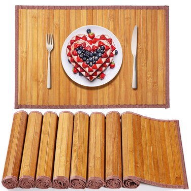 Hushee 8 Pcs Bamboo Placemats Bamboo Dining Table Mats Washable Heat Resistant Bamboo Place Mats for Dining Room and Kitchen Table, 18 x 12 inch (Classic Style)