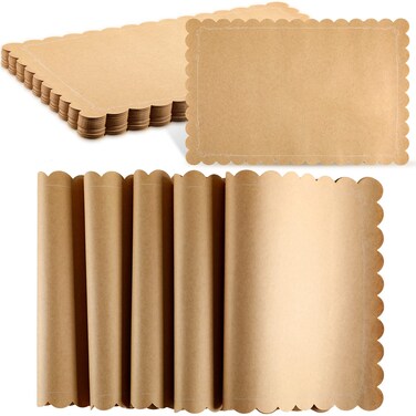 Disposable Brown Kraft Paper Place Mats Paper Placemat Disposable Rectangle Rustic Craft Printed Scalloped Place Mat Kraft Brown Placemat for Wedding Anniversary Party Kitchen(200 Pcs, 11 x 17 Inch)