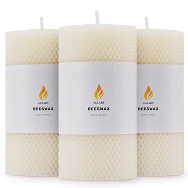 AGLARY 3PCS 3 * 6" Large Beeswax Pillar Candles,Handmade Pure Beeswax Rolled Candles, Dripless &amp; Smokeless&iuml;&frac14;&OElig;White