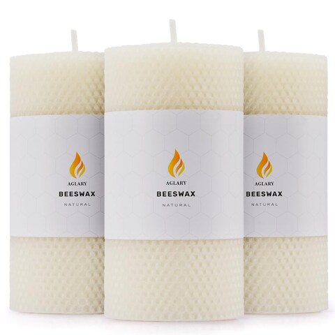 AGLARY 3PCS 3 * 6&quot; Large Beeswax Pillar Candles,Handmade Pure Beeswax Rolled Candles, Dripless &amp; Smokeless&iuml;&frac14;&OElig;White