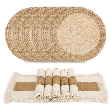 Zology Handmade Boho Placemats Set of 6 - Natural Cotton Burlap and Water Straw Woven Combination Table Mats, Macrame D&Atilde;&copy;cor and Farmhouse Style Placemats, for Dining Table Kitchen