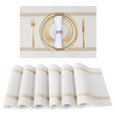 FAVE Placemats Set of 6 White Placemats Woven with Golden Thread Durable and Wipeable Vinyl Placemats Heat Resistant Table Mats Set of 6 High Texture Place Mats for Kitchen Table(White)