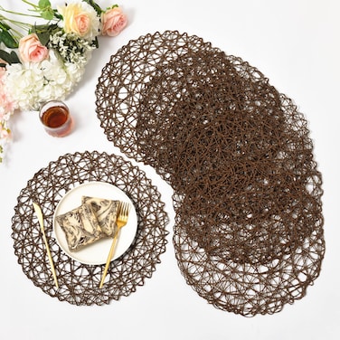 IcosaMro Brown Round Placemats Set of 6 for Dining Table, 13 Inches Paper Woven Boho Small Decorative Tan Circle Place Mat for Wedding Christmas Thanksgiving Day Holiday Dinner, Tan Brown