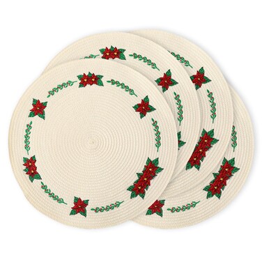 Whaline 4Pcs Round Christmas Flower Placemats Embroidered Xmas Poinsettia Place Mats Decorative Dinner Table Mats for Holiday Party Decor
