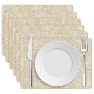 Boobezeen Faux Leather Placemats Set of 6, Heat Resistant Wipeable Washable Vinyl Place Mats, Waterproof Anti-Slip Dining Table Mats, Suitable for Indoor &amp; Outdoor Use (Beige)