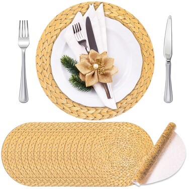 100 Pieces Disposable Wooden Slice Paper Place Mats Rustic Palm Leaf Sunflower Daisy Pumpkin Charger Place Mat Bulk Table Paper Placemats for Summer Spring Fall Wedding Dinner (Woven)
