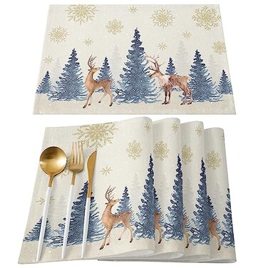 Christmas Placemats Set of 6 Reindeer Place Mats Xmas Tree Placemat Washable Golden Snowflake Deer Table Mats for Dining Kitchen Holiday Dinner Party Home Decor 13x19 Inch