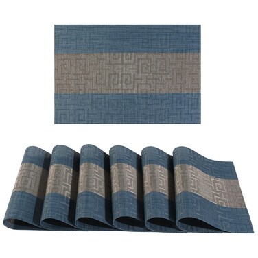FAVE Placemats Set of 6 Indigo Blue Woven with Gray Placemats Durable and Wipeable Vinyl Placemats Heat Resistant Table Mats Set of 6 High Texture Place Mats for Kitchen Table&iuml;&frac14;&circ;Indigo Blue&iuml;&frac14;&permil;