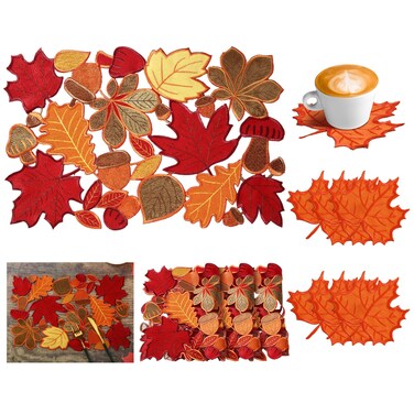 Tudomro 12 Pcs Thanksgiving Maple Leaves Placemats and Coaster Set of 6 Leaf Table Placemats 11 x 17 Inches Embroidered Washable Mats for Thanksgiving Fall Autumn Harvest Decorations
