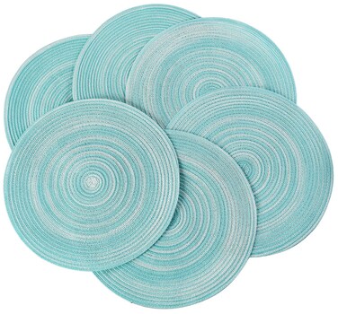 PEKING Round Placemats Set of 6, Cotton Woven Placemat Heat-Resistant Non-Slip Washable Table Mats for Dining Table 15 Inch, Teal White