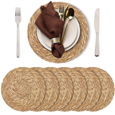 Kochorie Set of 6 Round Woven Placemats 12 Inches Bulrush Placemats Natural Hand-Woven Boho Rattan Placemats Wicker Table Mats Farmhouse Weave Place Mats for Home Dining Table