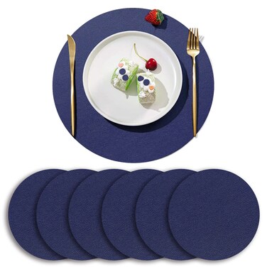 YONOVO 6Pack Faux Leather Placemats Set, Blue Round PU Dinning Table Mats, Wipeable Easy to Clean Stain Resistant Heat Resistant Waterproof Place Mats Durable Plate Mats Nordic Style (Navy Blue)