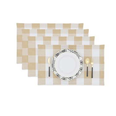 Beige &amp; White 2 Side Cotton Buffalo Check Farmhouse Placemats Set of 4 Heat Resistant Dining Table Place Mats for Kitchen Table, 12 x 18 inches