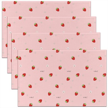 Kawaii Place Mats 12x18, Pink Strawberry Placemats for Women Girls Kids Set of 4, Cute Strawberry Kawaii Fruit Table Mats, Non-Slip &amp; Scratch Proof Meal Mats for Indoor Outdoor Home Party Decor, Red