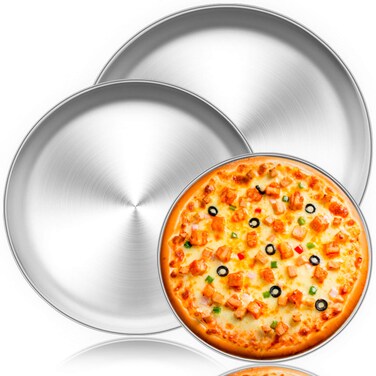 TeamFar Pizza Pan, 10&acirc;&euro; &amp; 12&acirc;&euro; &amp; 13.4&acirc;&euro;, 3 Pcs Pizza Pan Set Stainless Steel Pizza Pan Round Pizza Oven Pans Tray for Baking Serving, Healthy &amp; Rust Free, Heavy Duty &amp; Dishwasher Safe
