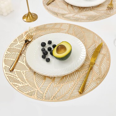 U'Artlines 6 Pack Round Pressed Vinyl Placemats Metallic Place Mat Laminated Leaf Placemats Non-Slip Heat Insulation Kitchen Washable Table Mats Decoration Gold