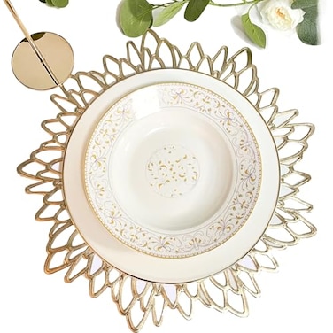 Herda Christmas Gold Table Placemats Set of 6, Gold Vinyl Table Mats 6 Pack, Gold Christmas Charger Plates Round Xmas Holiday Table Decor, Thanksgiving Wedding Table Decoration