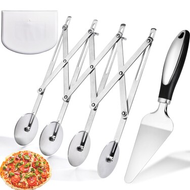 4 Wheel Pastry Cutter Set of 3 Stainless Steeel Dough Cutter with Pizza Spatula and Dough Bowl Scraper,Adjustable Pastry Cutter Wheel for Cutting Pasta Pizza Pastry Noodle (4 wheel)