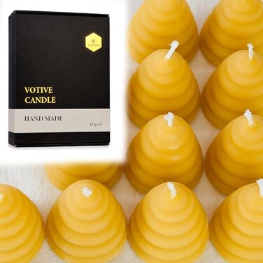 Pack of 12 Beeswax Votive Candles - Beehive Shape Novelty Candle, Perfect Thank You Gift for Mom &amp; Wife or Guest Gifts for Baby Shower bee Theme - Yellow