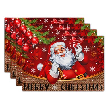 Giwawa Merry Christmas Placemats Set of 4 Xmas Santa Claus Balls Winter Snowflakes Linen Table Place Mat 12x18 Inches Non-Slip Heat Resistance Washable for Kitchen Dining Holiday Party Decor